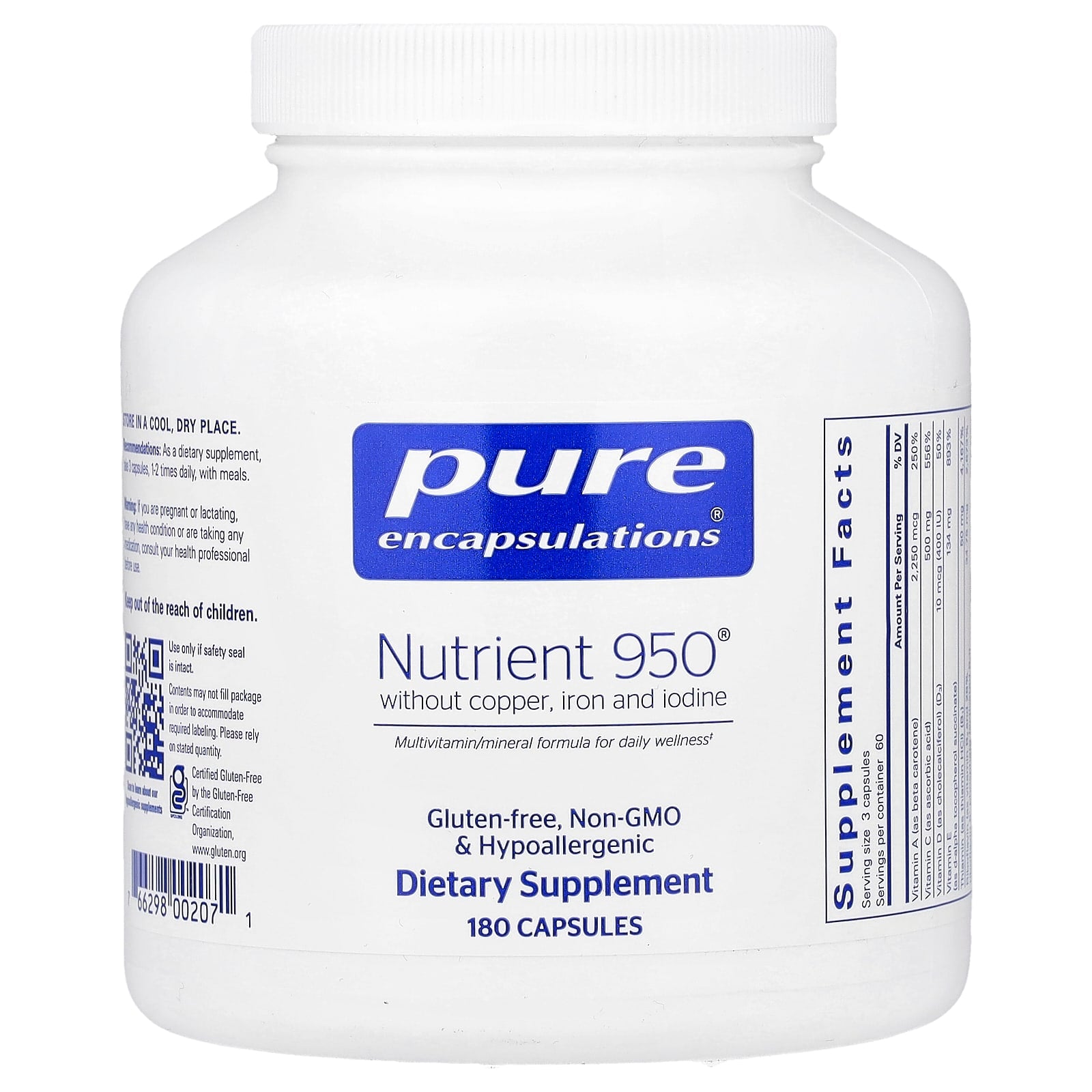Pure Encapsulations, Nutrient 950® without Copper, Iron & Iodine, 180 Capsules UPC 766298002071 | Hilife Vitamins